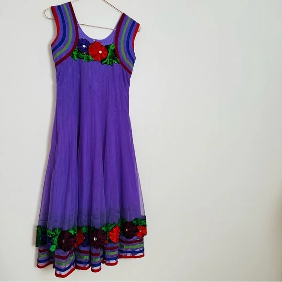 Vintage Phool Dress Indian Vibrant Purple Floral Embroidered Midi - Picture 7 of 10